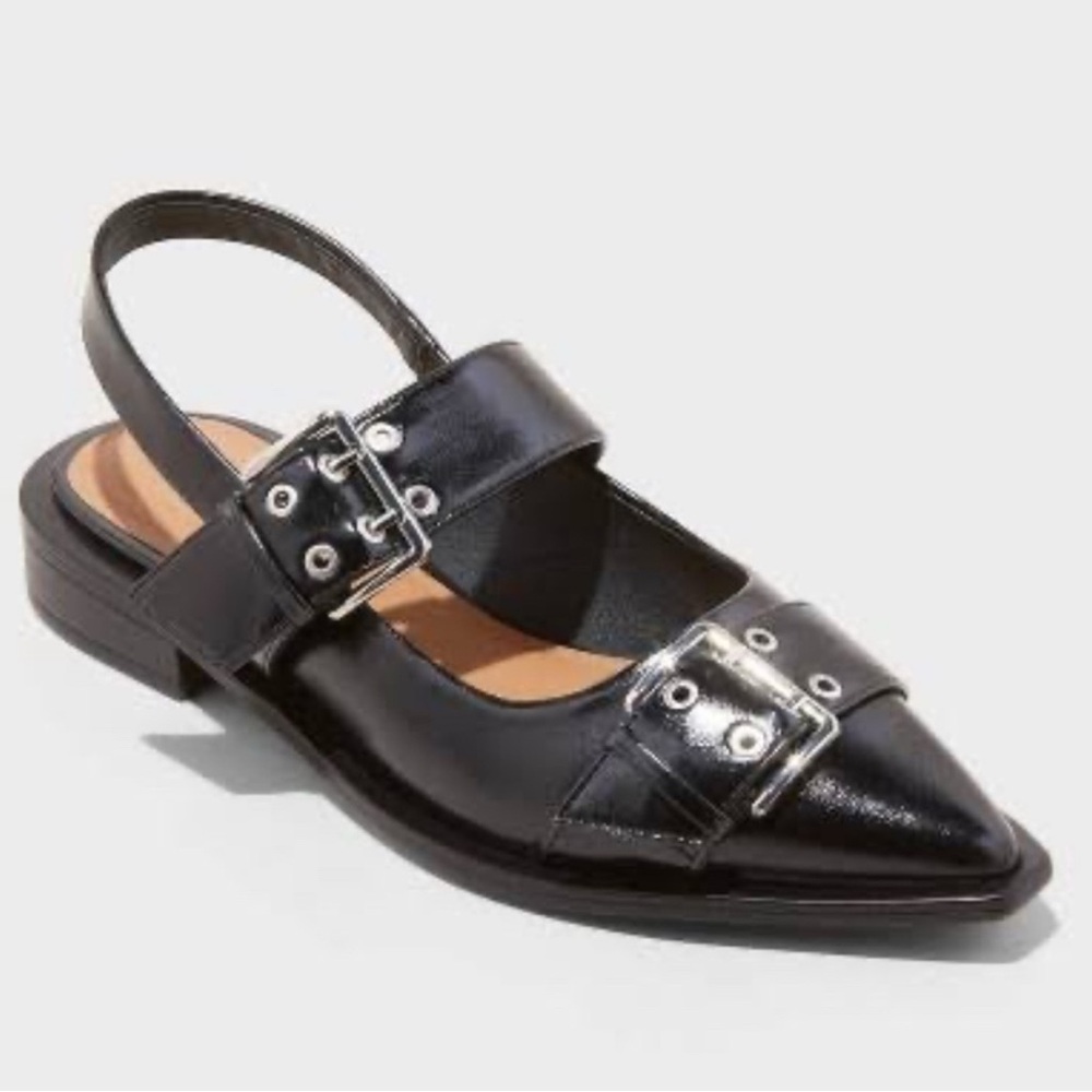 Wild Fable Peyton Double Buckle Slingback Pointed Toe Flats Black Size 9